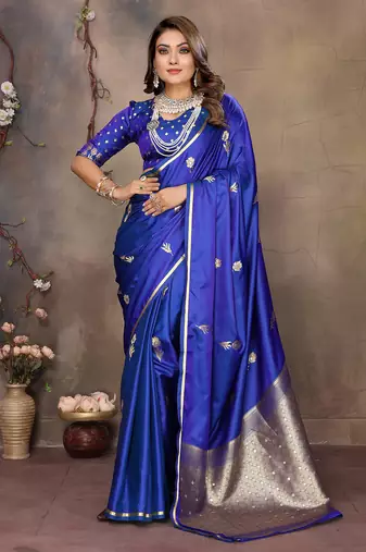 royal blue satin silk blend floral & botanical motifs zari woven banarasi saree