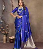 royal blue satin silk blend floral & botanical motifs zari woven banarasi saree