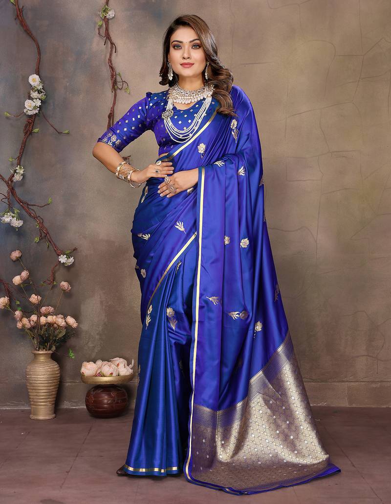 royal blue satin silk blend floral & botanical motifs zari woven banarasi saree