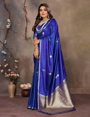 royal blue satin silk blend floral & botanical motifs zari woven banarasi saree 3