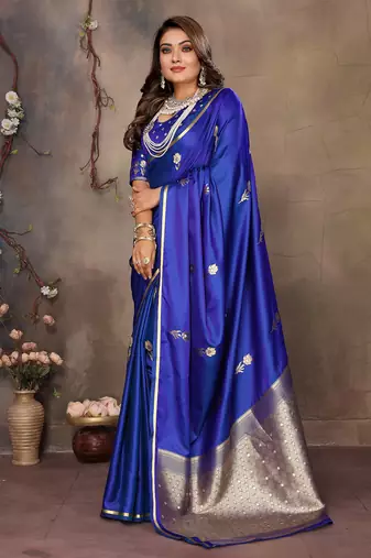 royal blue satin silk blend floral & botanical motifs zari woven banarasi saree