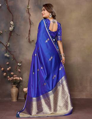 royal blue satin silk blend floral & botanical motifs zari woven banarasi saree 4