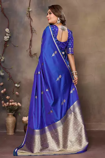 royal blue satin silk blend floral & botanical motifs zari woven banarasi saree