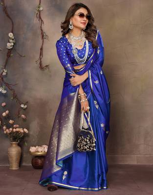 royal blue satin silk blend floral & botanical motifs zari woven banarasi saree 5