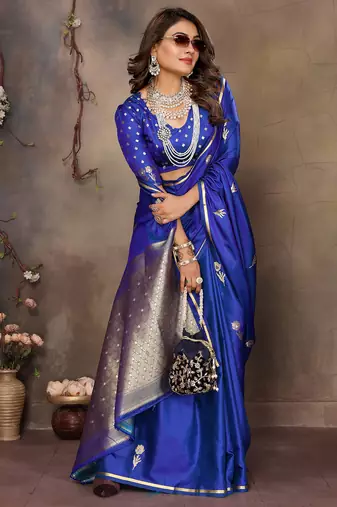 royal blue satin silk blend floral & botanical motifs zari woven banarasi saree