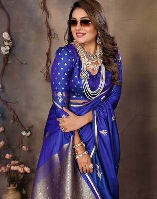 royal blue satin silk blend floral & botanical motifs zari woven banarasi saree 6