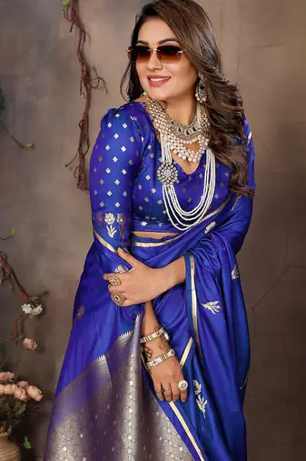 royal blue satin silk blend floral & botanical motifs zari woven banarasi saree