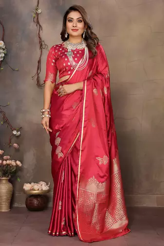 brick red satin silk blend floral & botanical motifs zari woven banarasi saree