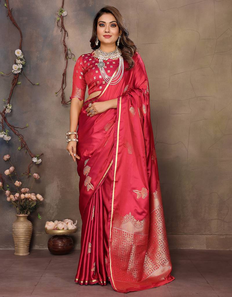 brick red satin silk blend floral & botanical motifs zari woven banarasi saree