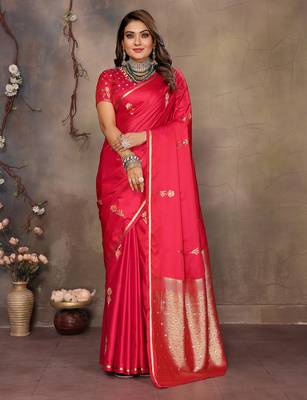 brick red satin silk blend floral & botanical motifs zari woven banarasi saree 3