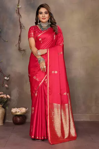 brick red satin silk blend floral & botanical motifs zari woven banarasi saree