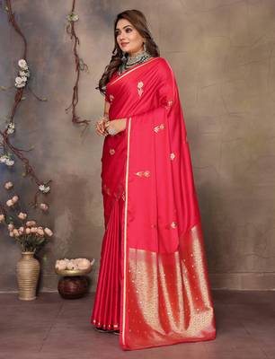 brick red satin silk blend floral & botanical motifs zari woven banarasi saree 4
