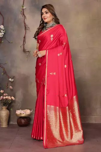 brick red satin silk blend floral & botanical motifs zari woven banarasi saree