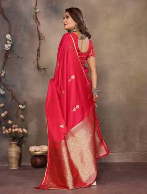 brick red satin silk blend floral & botanical motifs zari woven banarasi saree 5