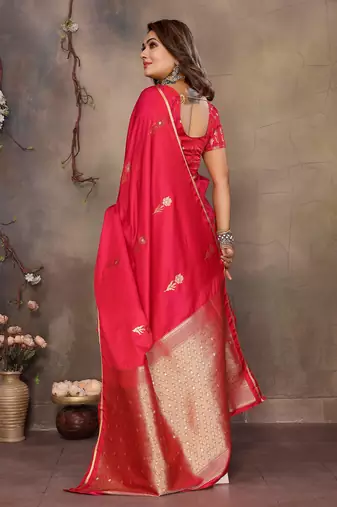 brick red satin silk blend floral & botanical motifs zari woven banarasi saree