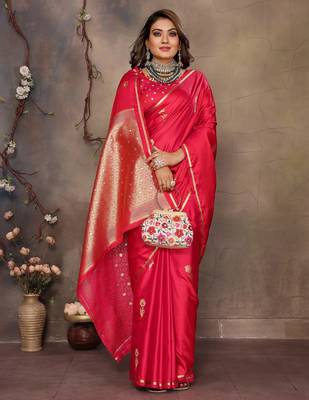 brick red satin silk blend floral & botanical motifs zari woven banarasi saree 6