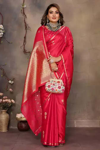 brick red satin silk blend floral & botanical motifs zari woven banarasi saree