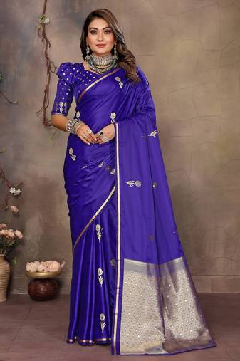 indigo blue satin silk blend floral & botanical motifs zari woven banarasi saree