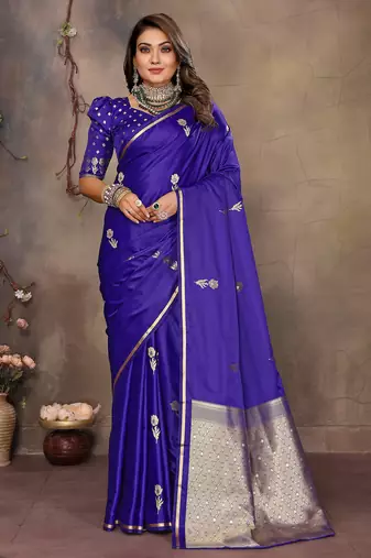 indigo blue satin silk blend floral & botanical motifs zari woven banarasi saree