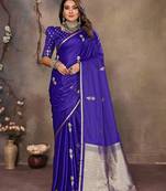 indigo blue satin silk blend floral & botanical motifs zari woven banarasi saree