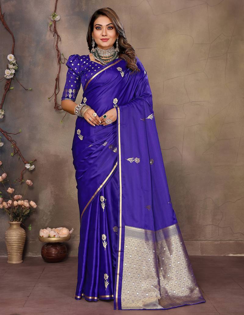 indigo blue satin silk blend floral & botanical motifs zari woven banarasi saree