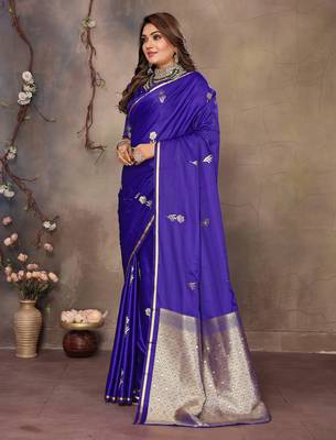 indigo blue satin silk blend floral & botanical motifs zari woven banarasi saree 3