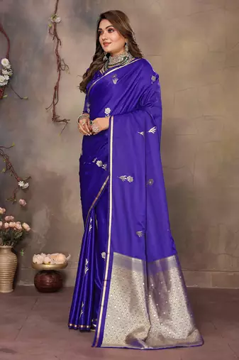 indigo blue satin silk blend floral & botanical motifs zari woven banarasi saree