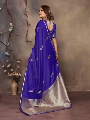 indigo blue satin silk blend floral & botanical motifs zari woven banarasi saree 4