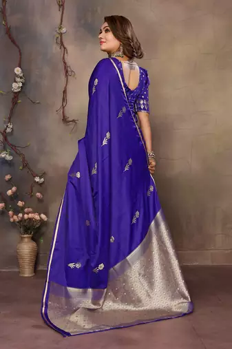 indigo blue satin silk blend floral & botanical motifs zari woven banarasi saree