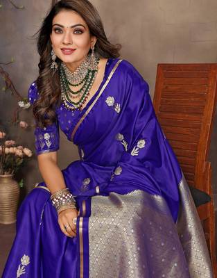 indigo blue satin silk blend floral & botanical motifs zari woven banarasi saree 5