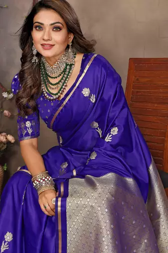 indigo blue satin silk blend floral & botanical motifs zari woven banarasi saree
