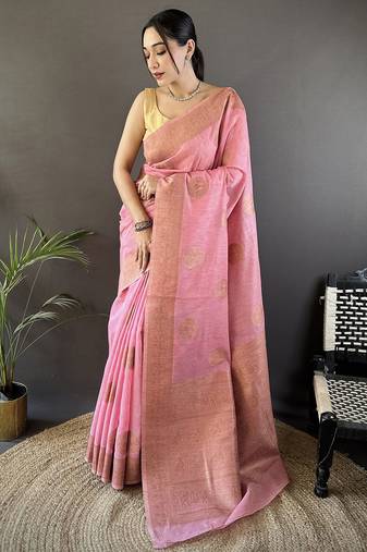 pastel pink linen silk blend floral & paisley jacquard zari woven banarasi saree