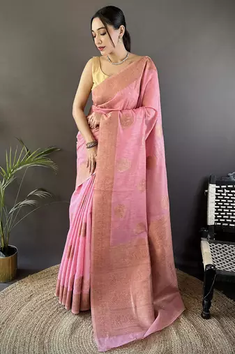 pastel pink linen silk blend floral & paisley jacquard zari woven banarasi saree