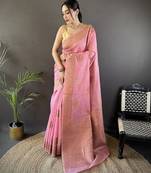 pastel pink linen silk blend floral & paisley jacquard zari woven banarasi saree