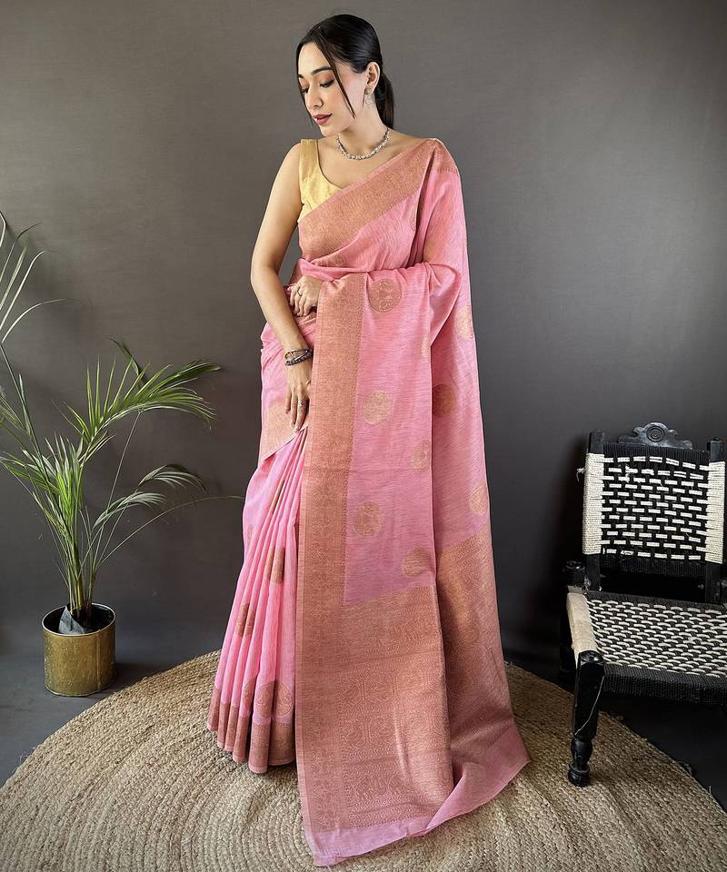 pastel pink linen silk blend floral & paisley jacquard zari woven banarasi saree