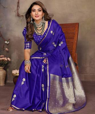 indigo blue satin silk blend floral & botanical motifs zari woven banarasi saree 6