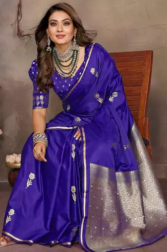 indigo blue satin silk blend floral & botanical motifs zari woven banarasi saree