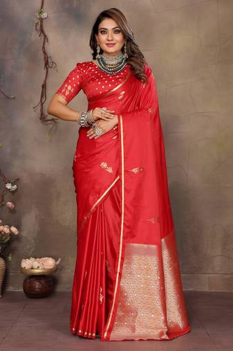 red satin silk blend floral & botanical motifs zari woven banarasi saree