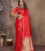 red satin silk blend floral & botanical motifs zari woven banarasi saree