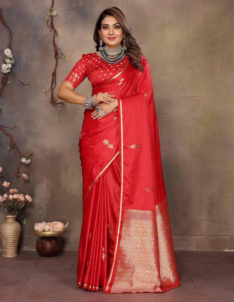 red satin silk blend floral & botanical motifs zari woven banarasi saree