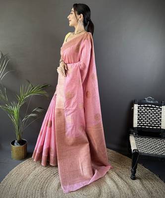 pastel pink linen silk blend floral & paisley jacquard zari woven banarasi saree 3