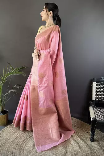 pastel pink linen silk blend floral & paisley jacquard zari woven banarasi saree