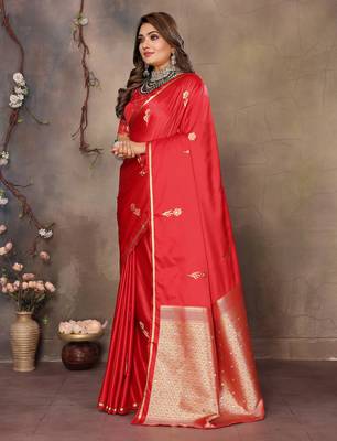 red satin silk blend floral & botanical motifs zari woven banarasi saree 3