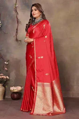 red satin silk blend floral & botanical motifs zari woven banarasi saree