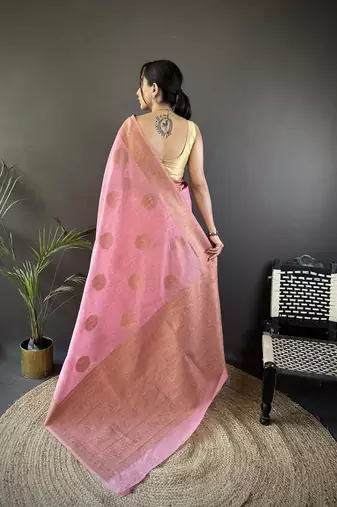 pastel pink linen silk blend floral & paisley jacquard zari woven banarasi saree