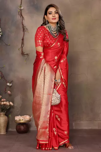 red satin silk blend floral & botanical motifs zari woven banarasi saree