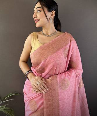 pastel pink linen silk blend floral & paisley jacquard zari woven banarasi saree 5