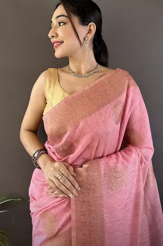 pastel pink linen silk blend floral & paisley jacquard zari woven banarasi saree