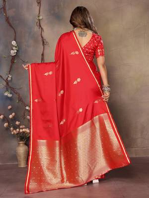 red satin silk blend floral & botanical motifs zari woven banarasi saree 5