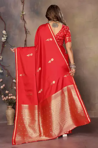 red satin silk blend floral & botanical motifs zari woven banarasi saree
